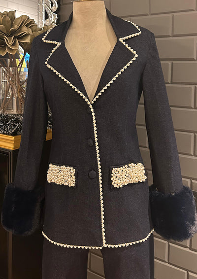 Pearl-Embellished Tailored Denim Blazer