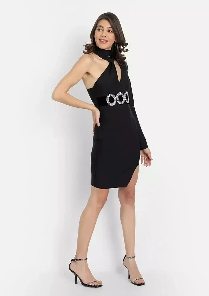 Black One Shoulder Choker Neck Studded Belt Mini Dress IKI CHIC Private Ltd.