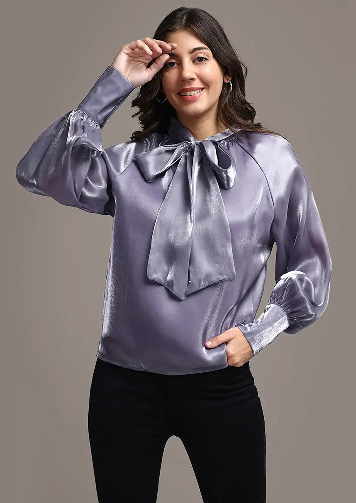Satin Cuffed Sleeve Neck Tie-up Top IKI CHIC Private Ltd