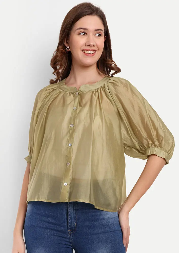 Green Front Button-Up Oversized Top With Puff Raglan Sleeves IKI CHIC Private Ltd