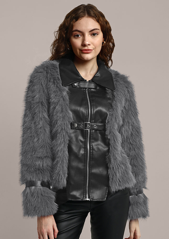 Black Leather with Grey Luxe Fur Jacket