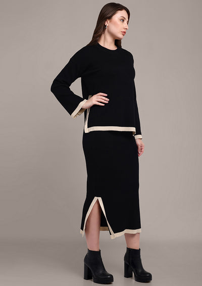 Black Knitted Skirt Set with Slits