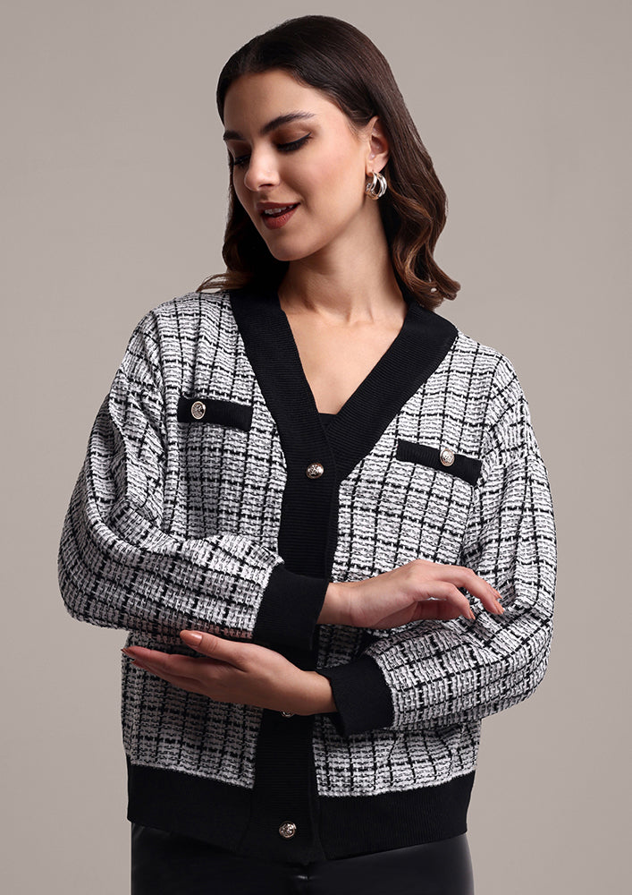 Black And White Check Design Woolen Cardigan