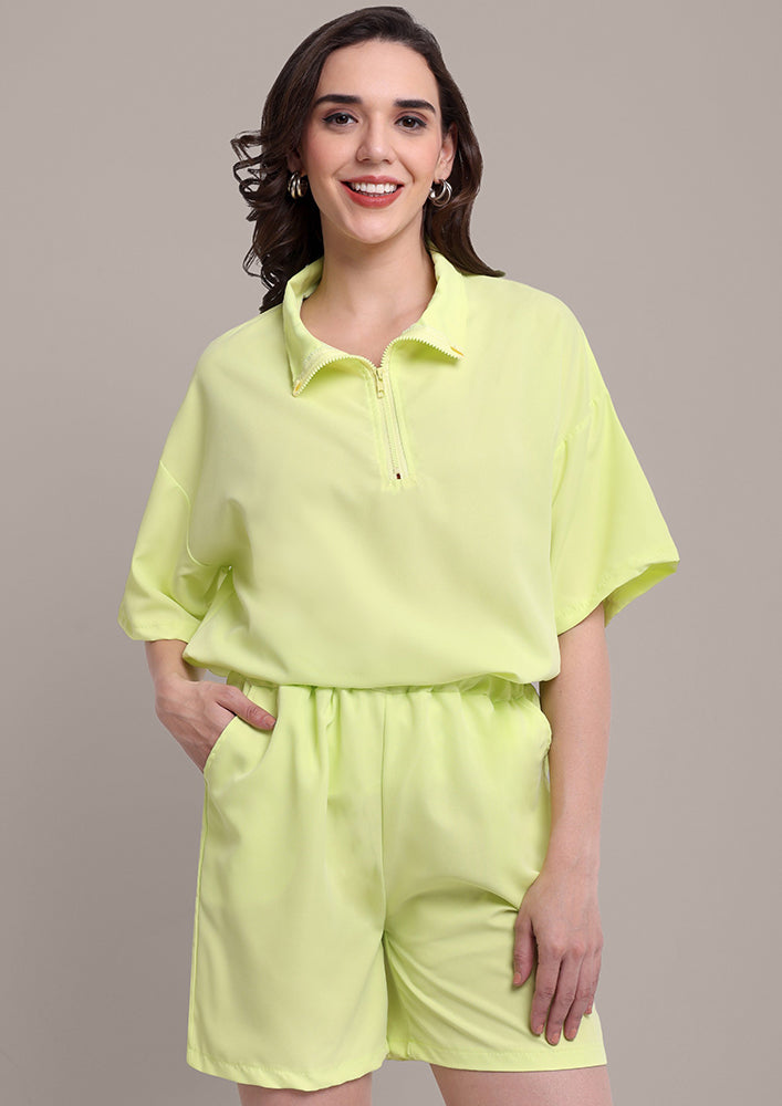 Fluorescent Green Solid T-Shirt with Shorts Set IKI CHIC Private Ltd.