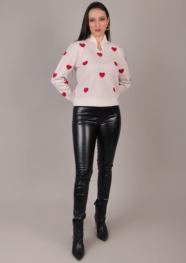 Off white Sweater With Heart Print IKI CHIC Private Ltd.