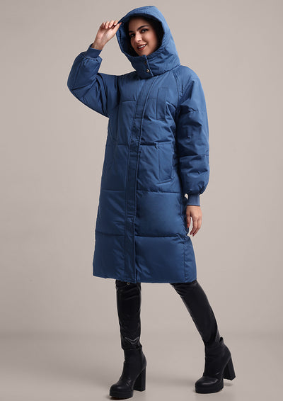 Blue Long Puffer Hooded Jacket