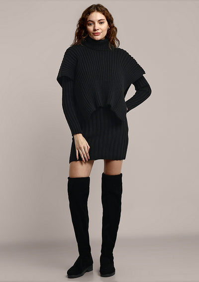 Black Knitted Bodycon  Mini Dress With Turtle Neck Cape