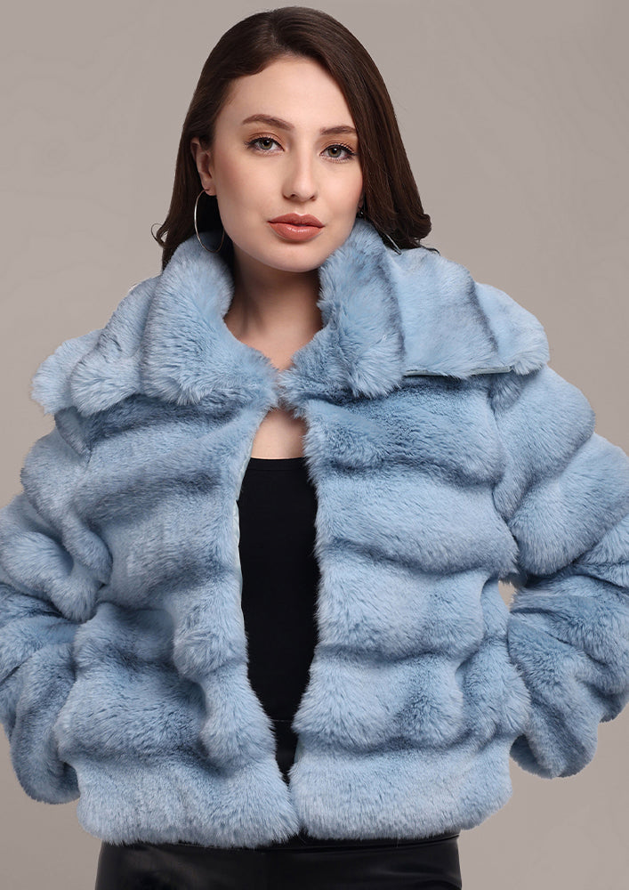 Sky Blue Chinchilla Design Faux Fur Jacket IKI CHIC Private Ltd.