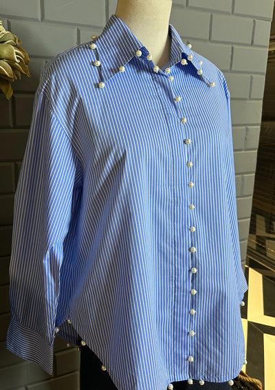 Blue & White Stripe pearl shirt IKI CHIC Private Ltd