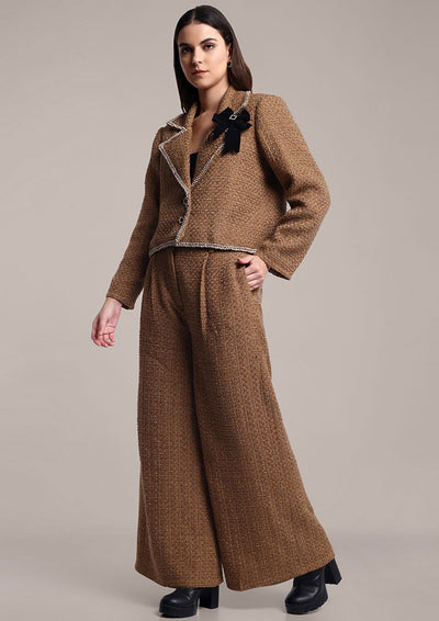 Brown Tweed Jacket with Swarovski Bow & Pants Set