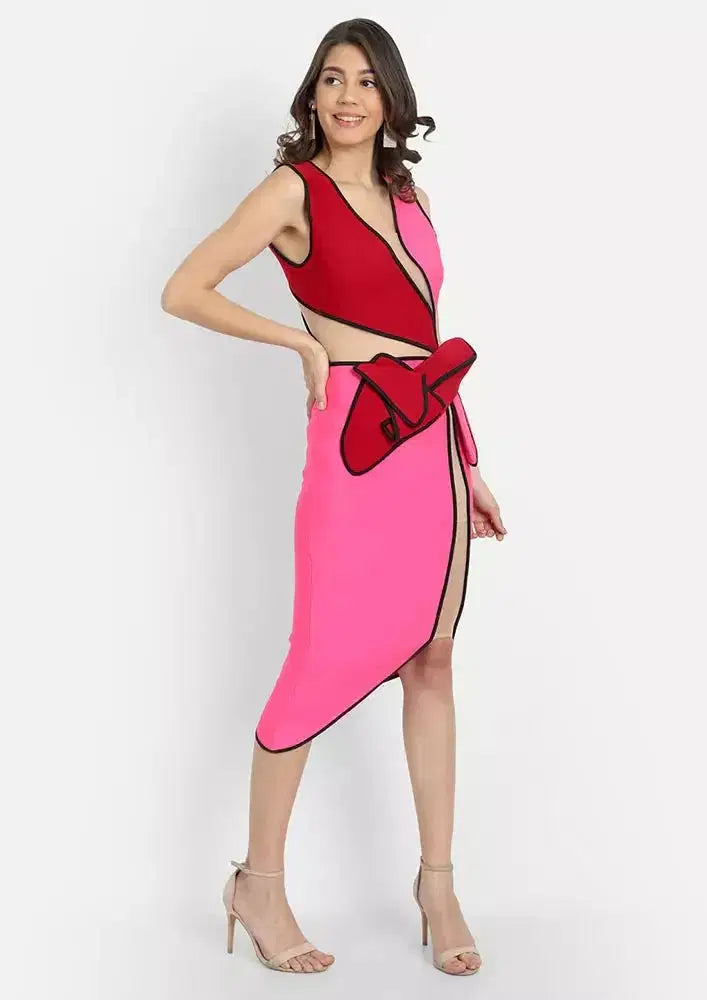 Colorblock V-neck Bow Waist Detail Bodycon Dress IKI CHIC Private Ltd.