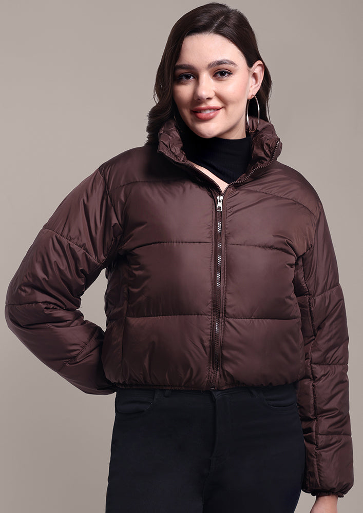 Brown Quilted Short Puffer Jacket