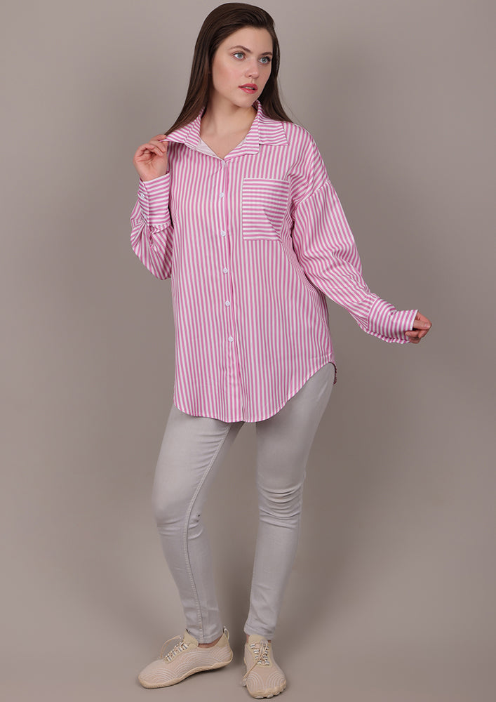 Pink striped shirt with a horizontal-striped pocket IKI CHIC Private Ltd.