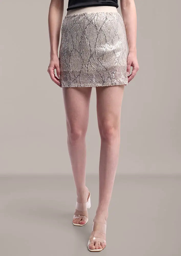 Cream Sequin Mini Skirt with Elastic Waistband IKI CHIC Private Ltd