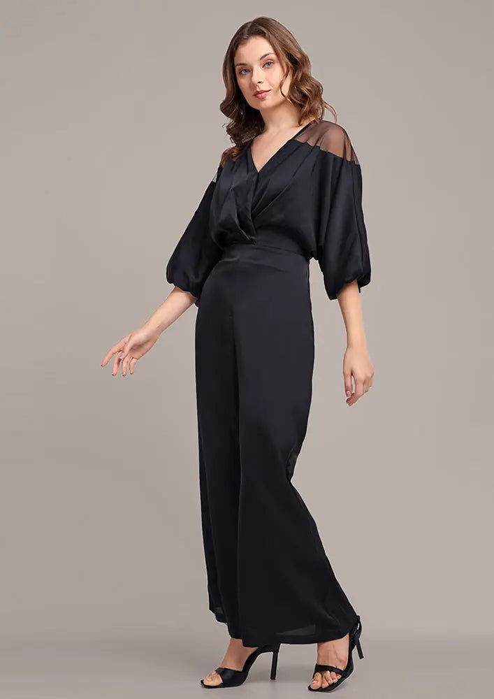 Black V-Neck Wide-Leg Jumpsuit IKI CHIC Private Ltd