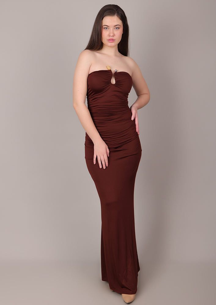 Brown Tube Ruched Long Dress