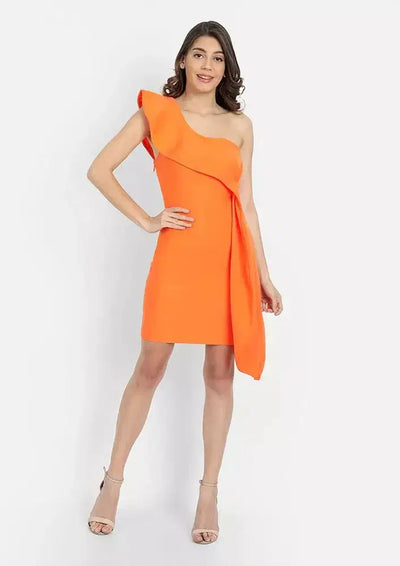 Orange Ruffle Design One-Shoulder Bodycon Mini Dress IKI CHIC Private Ltd.