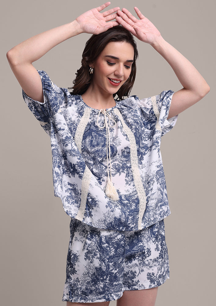 Blue Tree print lace Co-ord Set IKI CHIC Private Ltd.