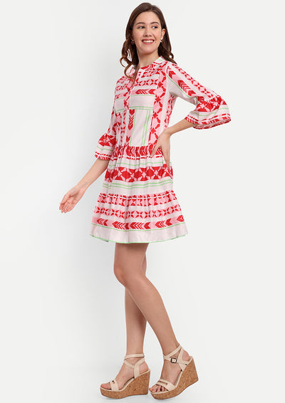 Printed Skater Dress With Tiered Ruffle Detailing At The Hem