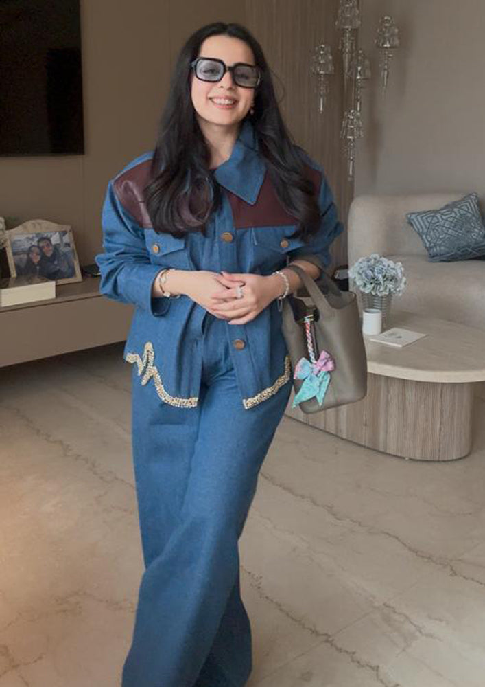 Denim & Leather Fusion with Gold Stone Co-ord Set