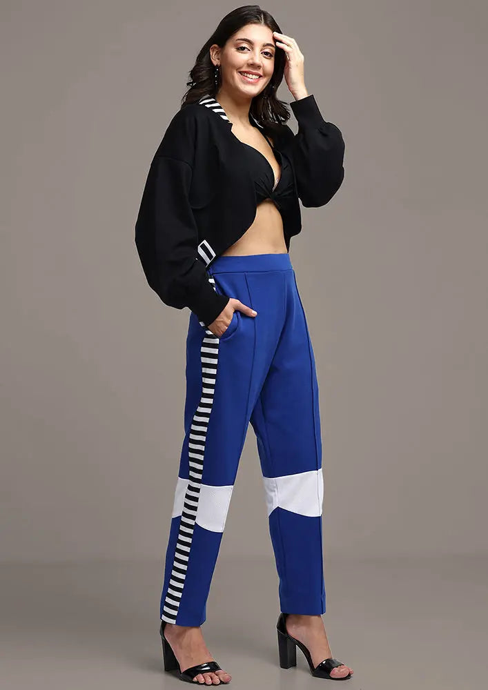 Black Short Jacket And Blue High Waisted Pants Set With Stripe Detail IKI CHIC Private Ltd