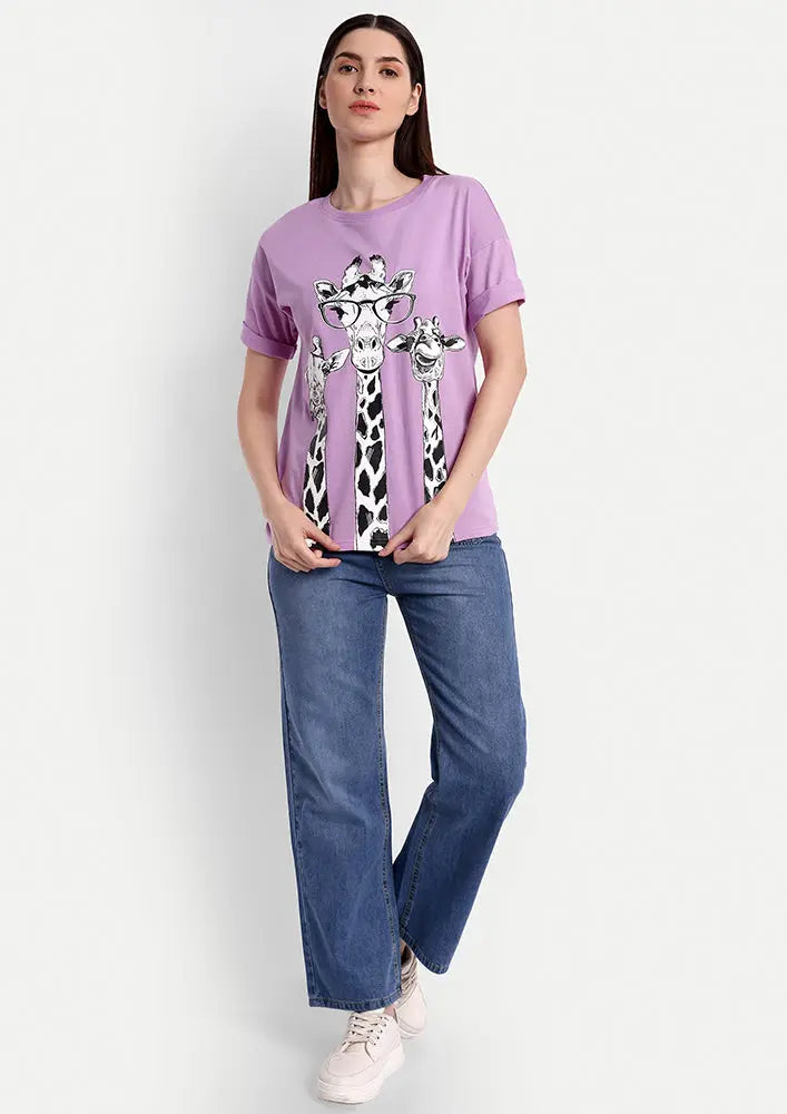 Lavender Giraffe Print Short Sleeve Regular T-Shirt IKI CHIC Private Ltd