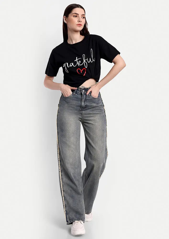 Black Grateful Print Short Sleeve T-Shirt IKI CHIC Private Ltd