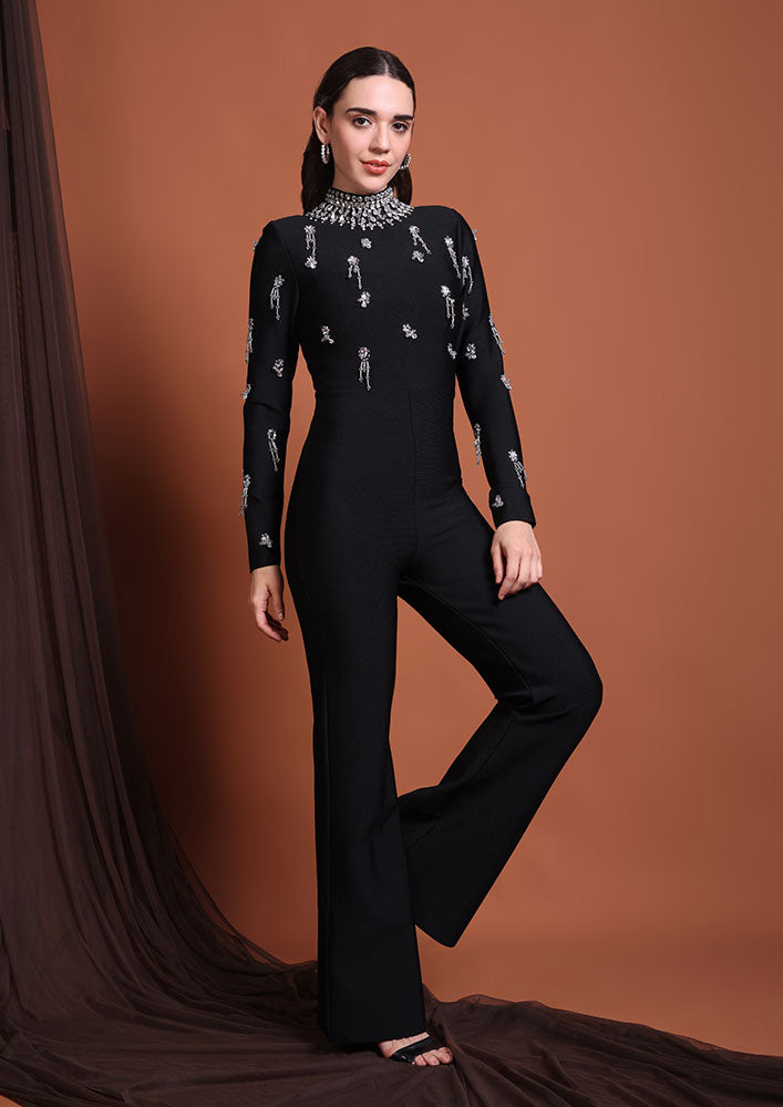 Black Embellished High-Neck Statement Jumpsuit