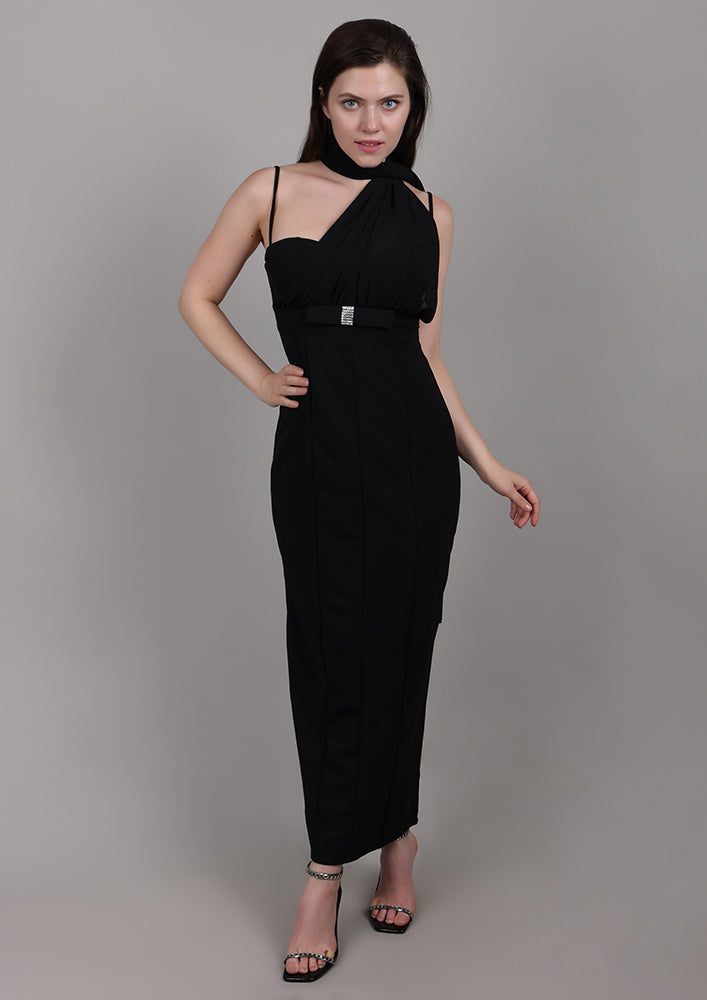 black swarovski dress with Elegant Neck Drape & Detailing cute midi dress Navy Blue Prom Outfits Size(<a href=