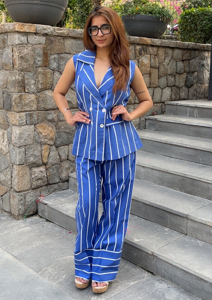 Blue Striped Sleeveless Collared Co-ord Set IKI CHIC Private Ltd.