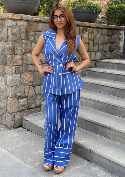 Blue Striped Sleeveless Collared Co-ord Set IKI CHIC Private Ltd.