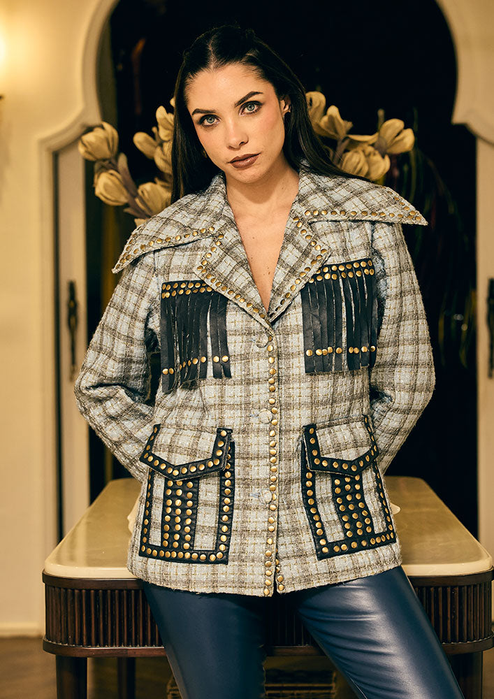 Blue Check Tweed With Leather Fringe And Rivet Detailed Jacket