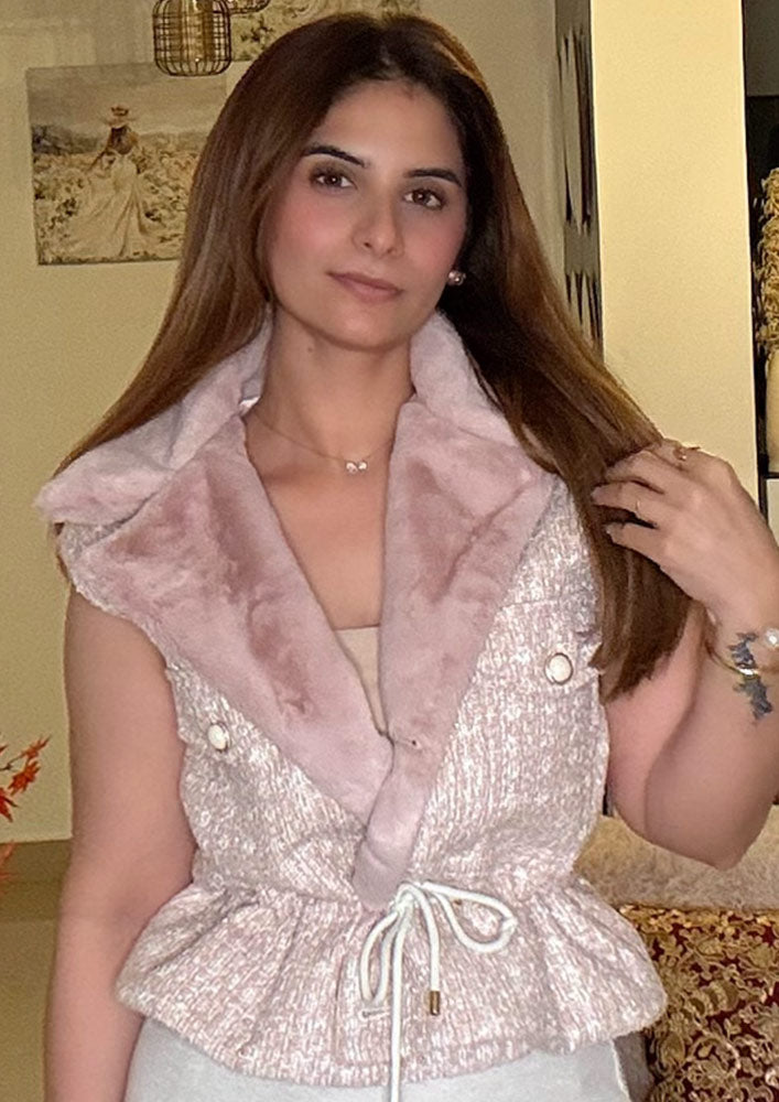 Peachish Pink Tweed Fur Collar Waist Tie-Up Jacket