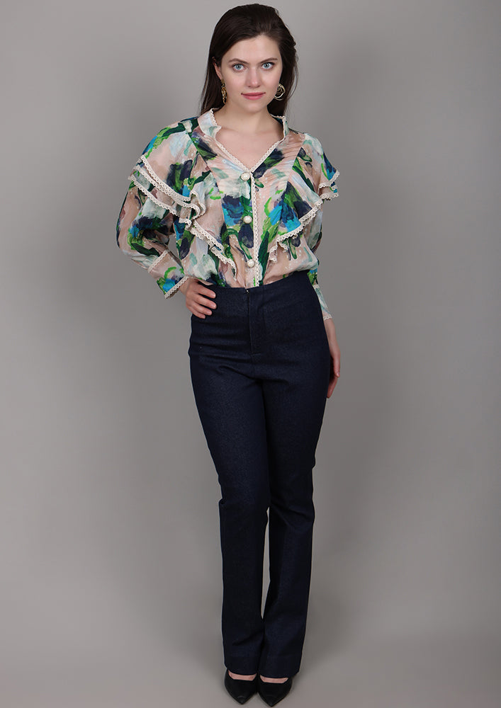 Beige printed chiffon ruffle shirt with lace and pearl buttons
