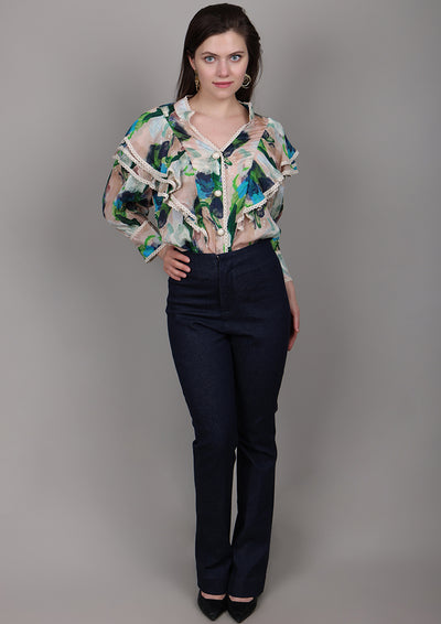 Beige printed chiffon ruffle shirt with lace and pearl buttons