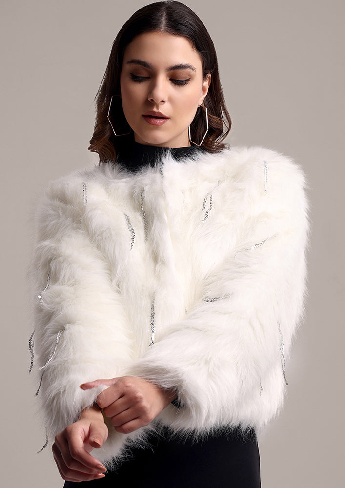 White Fur Jacket with Metallic Fringes