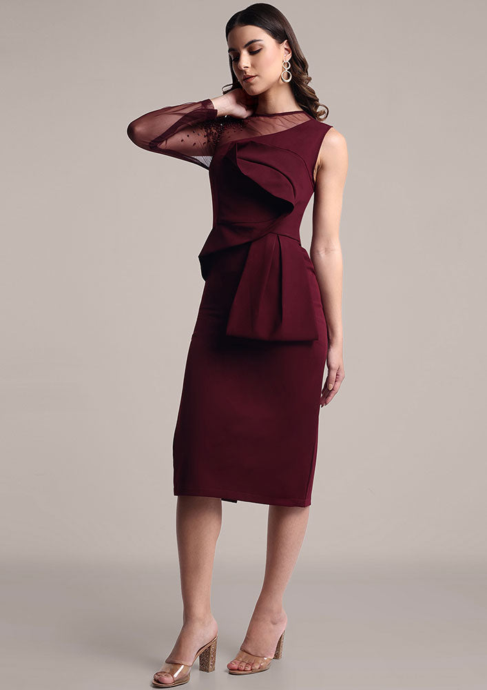 Maroon Scuba Midi Dress with Embellished Net Sleeve