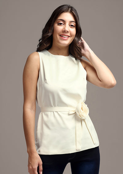 Off-white Sleeveless Satin Top With Detachable Belt