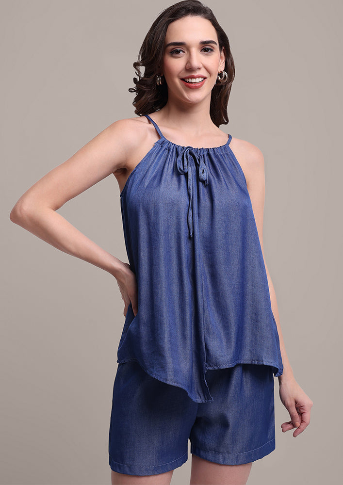 Blue A-line sleeveless Top And Shorts Co-ord Set IKI CHIC Private Ltd.