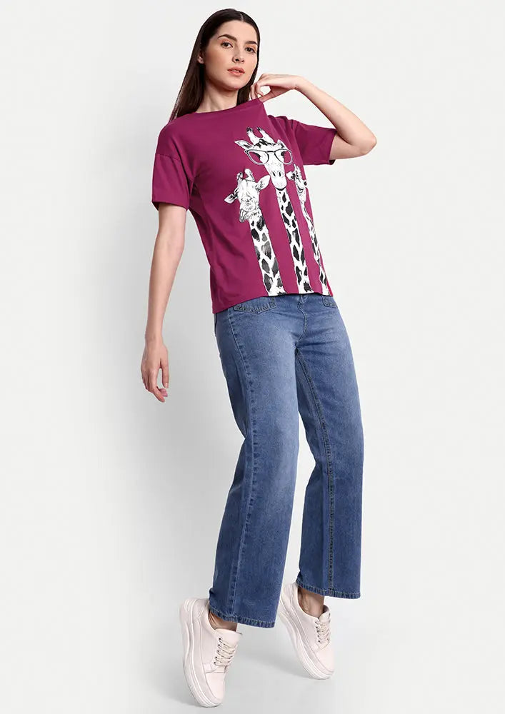 Viva Magenta Giraffe Print Short Sleeve Regular T-Shirt IKI CHIC Private Ltd