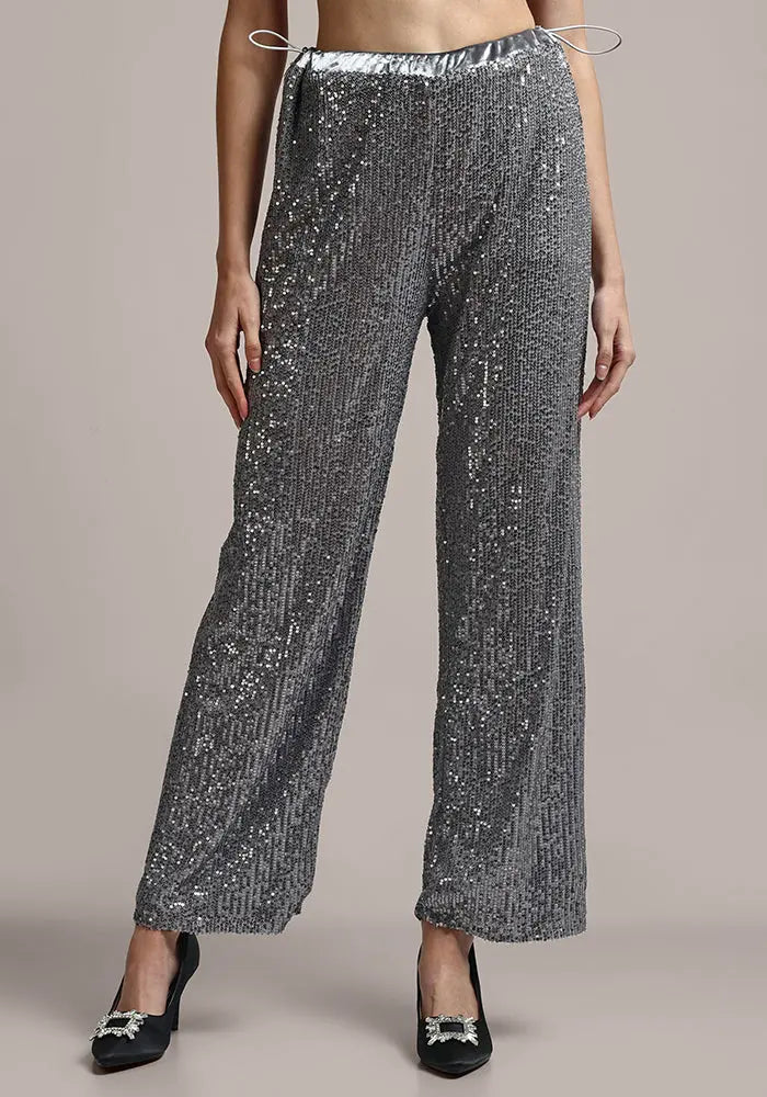 Silver Grey Sequin Wide Leg Pants IKI CHIC