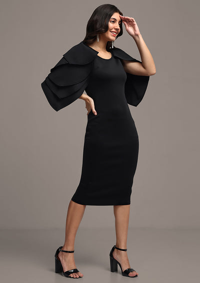 Black Solid Ruffle Sleeve Bodycon Midi Dress