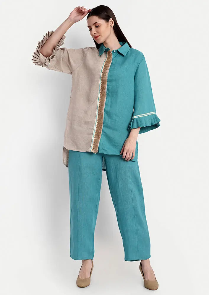 Colorblock Linen High-low Shirt With Straight Pants Set IKI CHIC Private Ltd