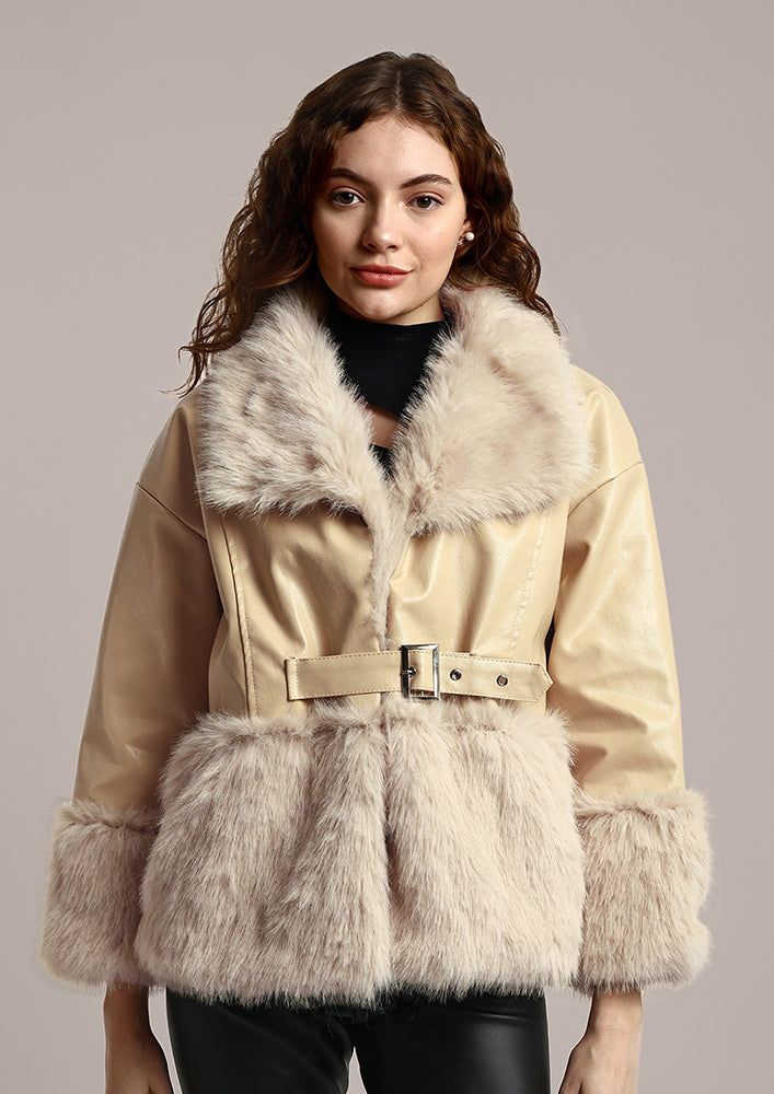Beige Faux Fur Embellished Leather Jacket