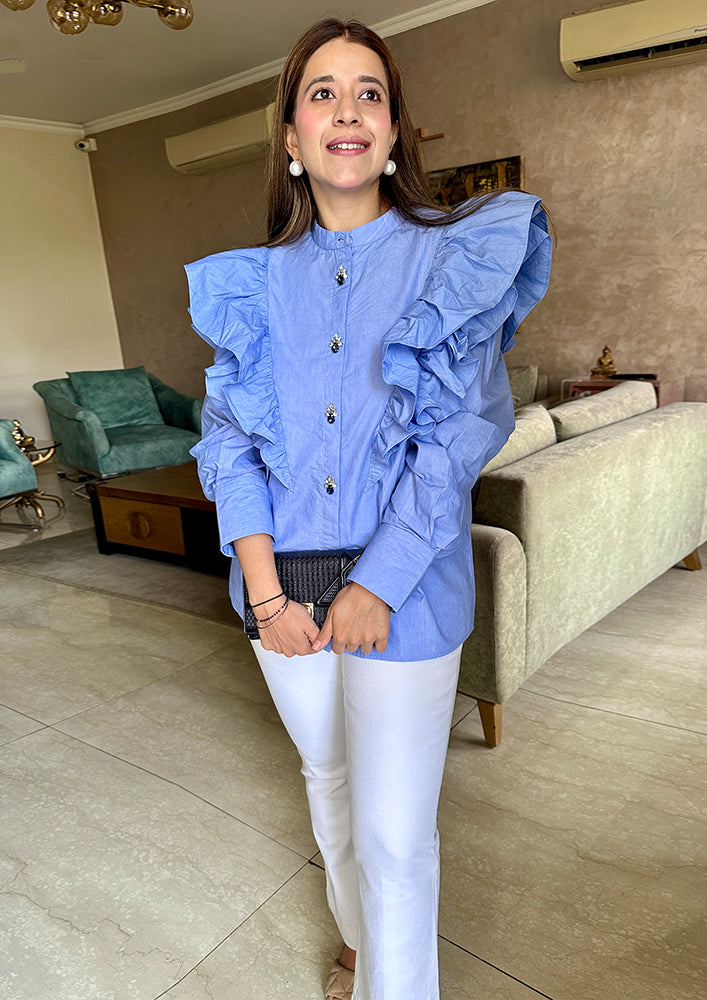 Purple Poplin Oversized Shirt with Ruffle Detailing & Embellishments IKI CHIC Private Ltd.