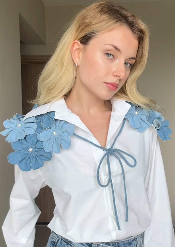 White Poplin Shirt with 3D Floral Collar IKI CHIC Private Ltd