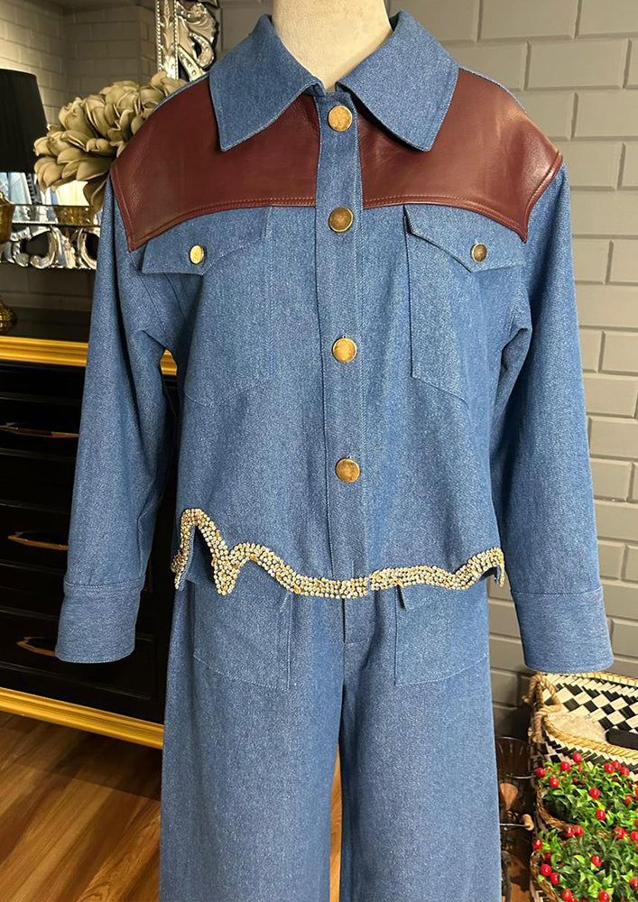 Denim & Leather Fusion Jacket with Gold Stone Detailing