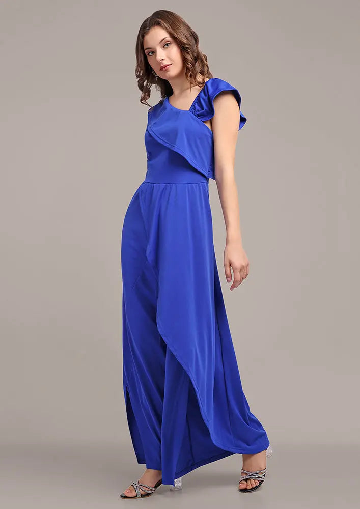 Navy blue one-side ruffle wide-leg jumpsuit IKI CHIC Private Ltd