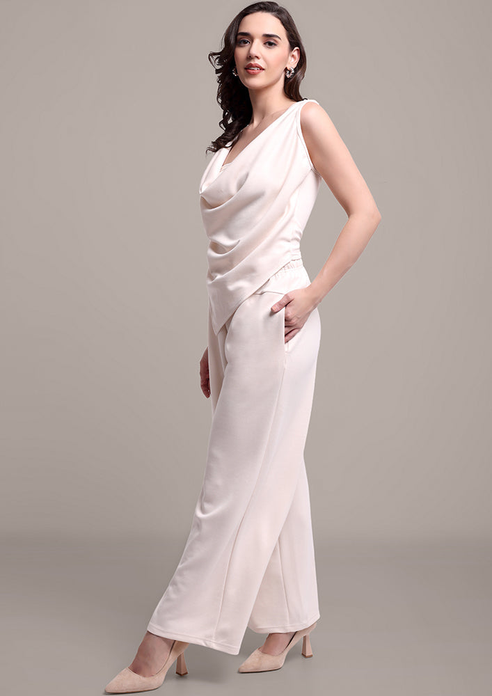 Beige Cowl Neck Top And Pants Co-ord Set IKI CHIC Private Ltd.