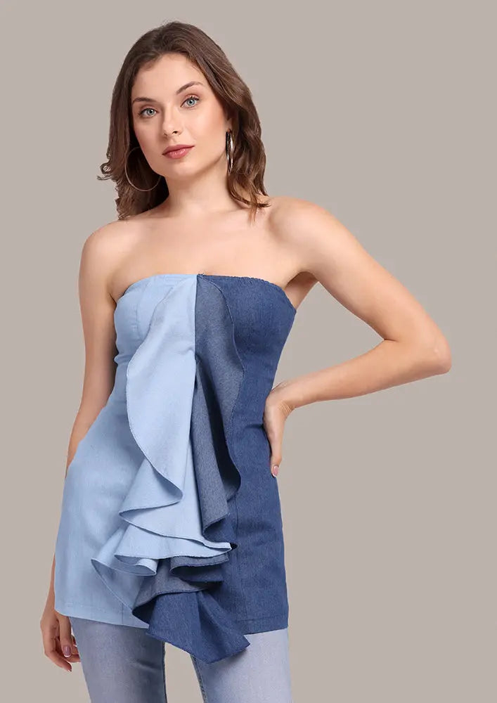 Blue Color-blocked Ruffled Tube Top IKI CHIC Private Ltd